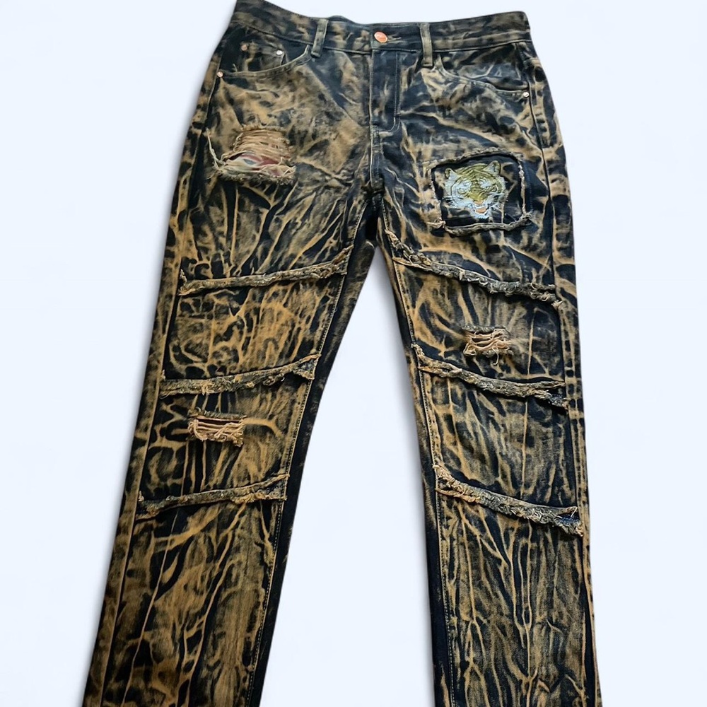 Distressed Black and Gold Jeans with Tiger Patch
